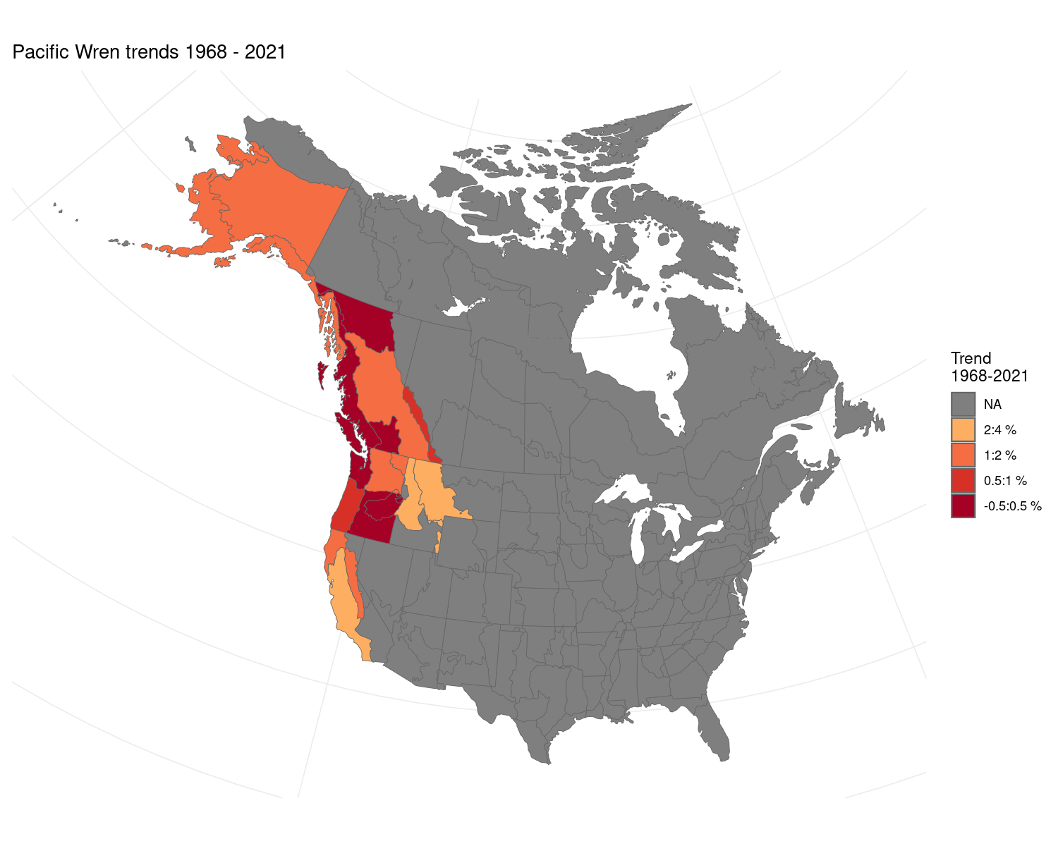 Map of North America showing the stratification areas colour-coded by trend.