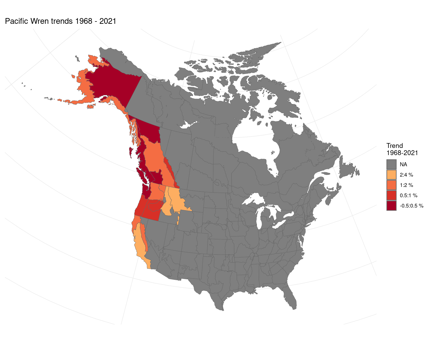 Map of North America showing the stratification areas colour-coded by trend.