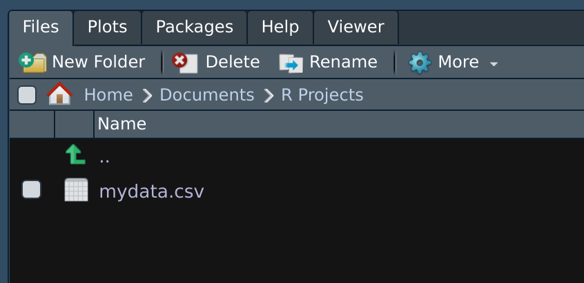 Screenshot of RStudio file pane showing mydata.csv