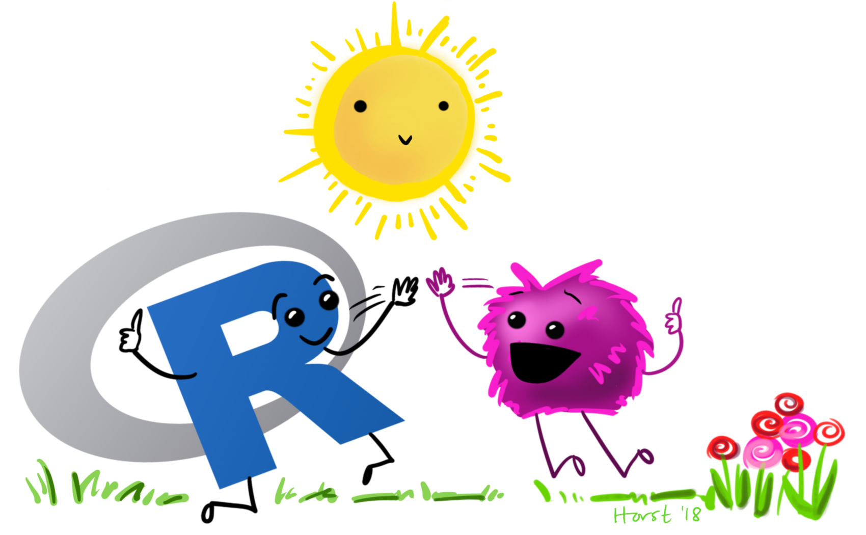 A friendly, smiling R-logo jumping up to give a happy fuzzy monster a high-five under a smiling sun and next to colorful flowers. The text above reads "but now it’s like…"