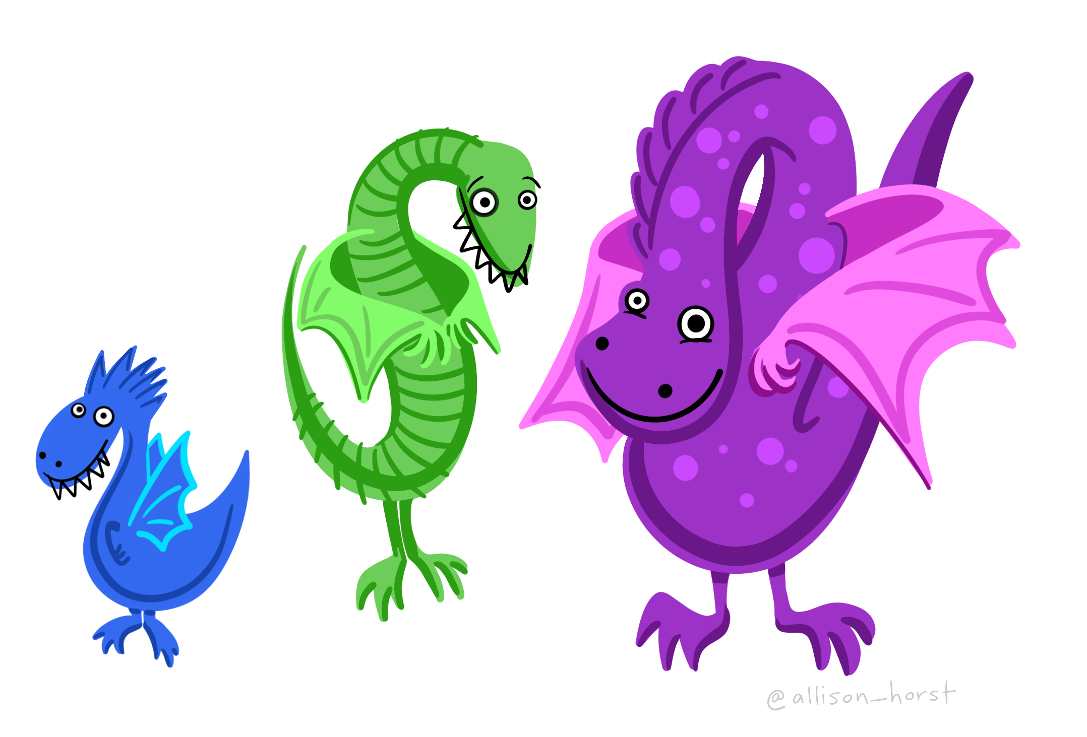 Three very different looking dragons stand side by side. On the left, a very small blue dragon with spiky hair and no pattern. In the center, a green striped dragon. On the right, a large purple dragon with spots.