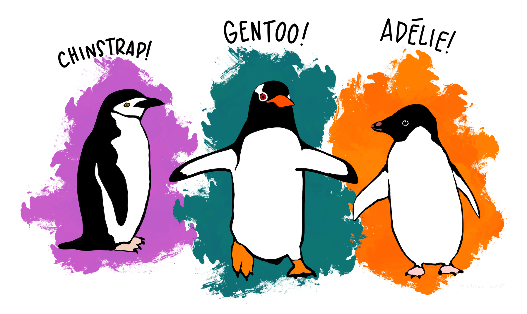 Cartoons of three penguins labelled 'Chinstrap!', 'Gentoo!', and 'Adelie!'