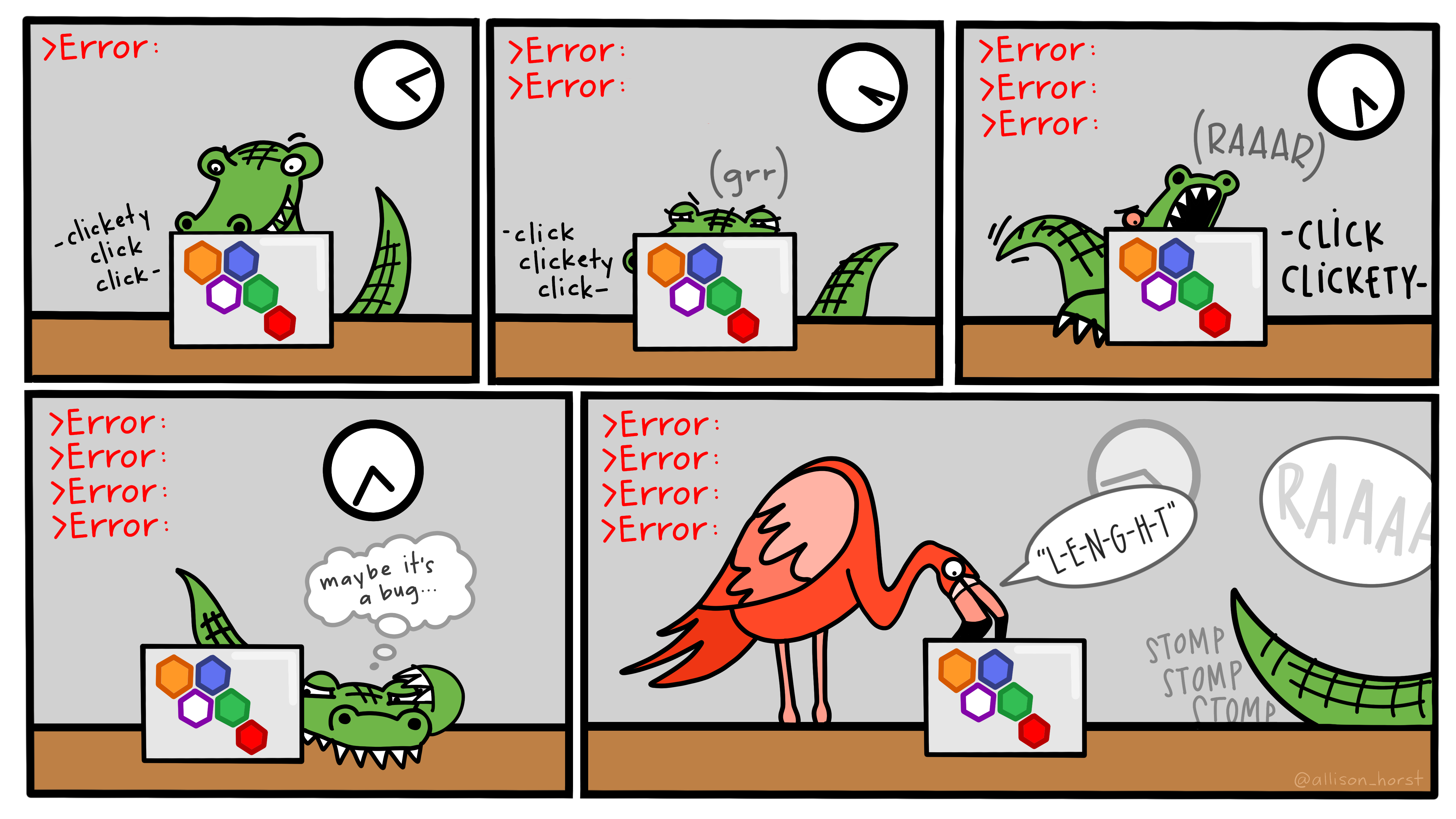 Comic panels of an alligator trying to debug some code. First panel: A confident looking alligator gets an error message. Second panel: a few minutes later, the error remains and the alligator is looking carefully at their code. Third panel: 10 minutes after that, the error remains and the alligator is giving a frustrated "RAAAR" while desperately typing. Fourth panel: The error remains, and the alligator looks exhausted and exasperated, and a thought bubble reads "maybe it's a bug." Fifth panel: A friendly flamingo comes over to take a look, and reads aloud from the problematic code a spelling error: "L-E-N-G-H-T." Only the tail of the alligator is visible as it stomp stomp stomps out of the panel roaring.