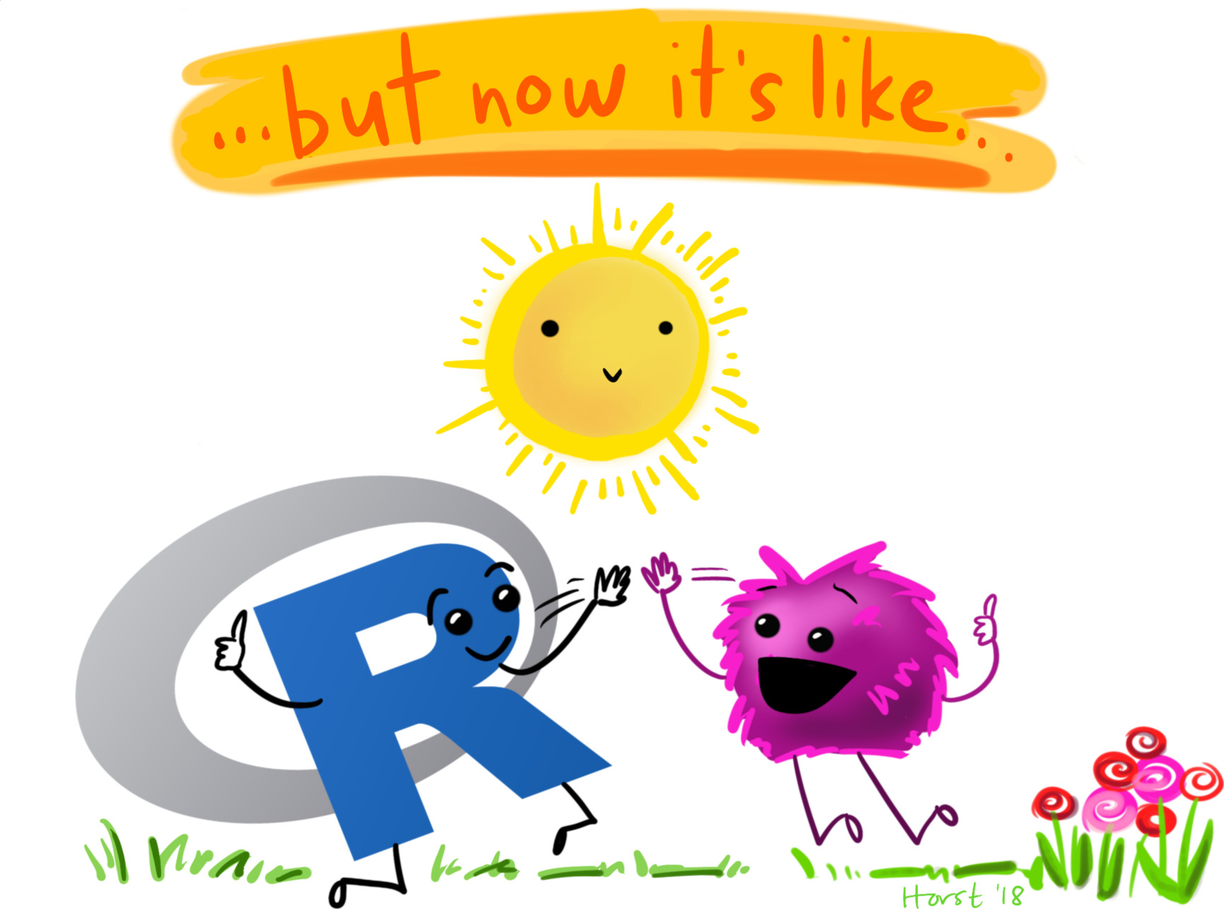 A friendly, smiling R-logo jumping up to give a happy fuzzy monster a high-five under a smiling sun and next to colorful flowers. The text above reads "but now it’s like…"